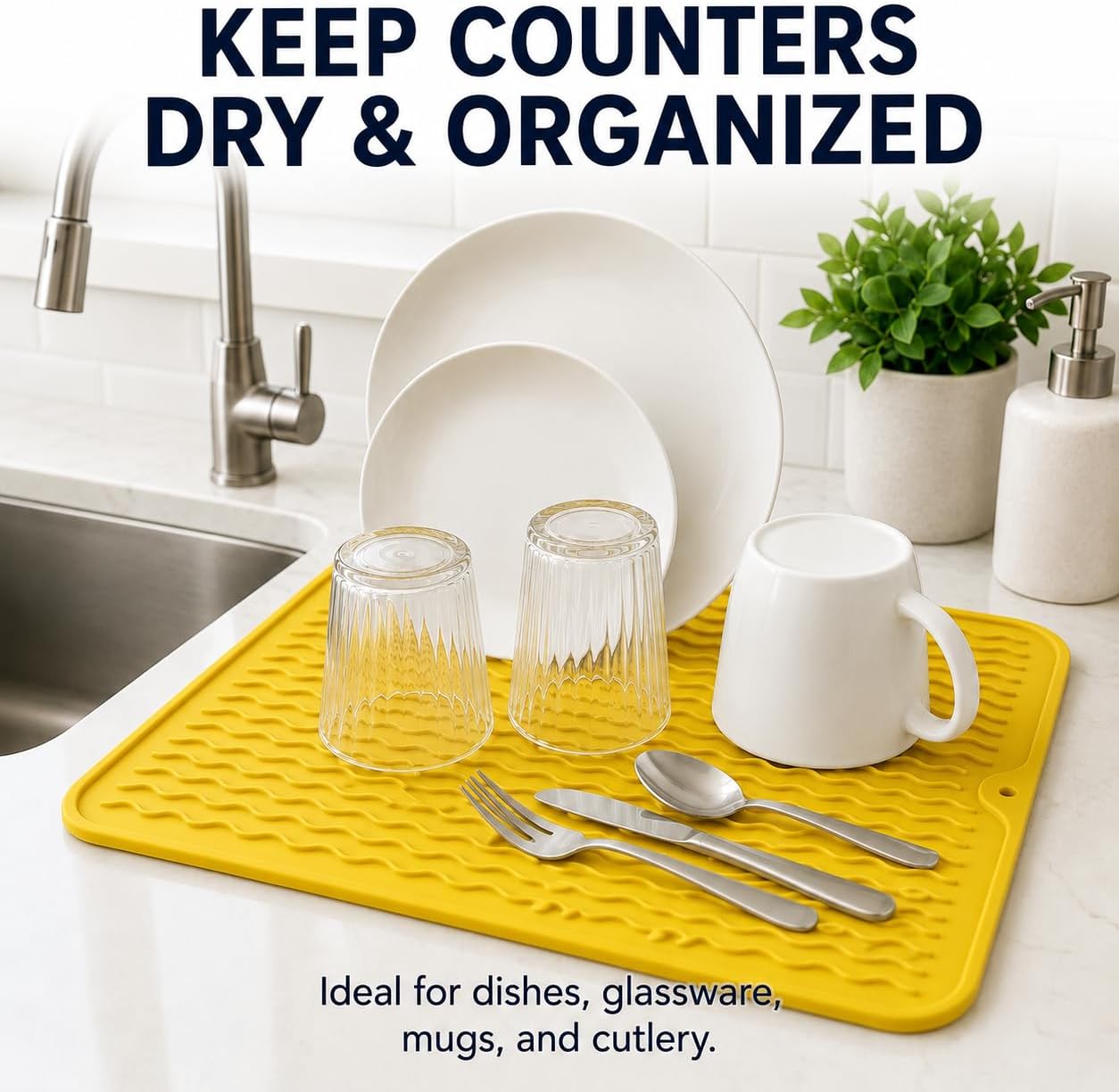 Silicone Drying Mat, 16"x12" - Grooved Design, Heat-Resistant, Non-Slip, BPA-Free - For Dishes, Cutlery, Pots, Pans (Yellow)