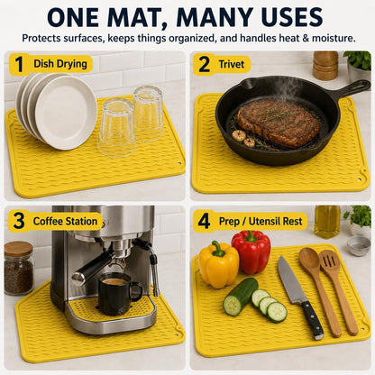 Silicone Drying Mat, 16"x12" - Grooved Design, Heat-Resistant, Non-Slip, BPA-Free - For Dishes, Cutlery, Pots, Pans (Yellow)