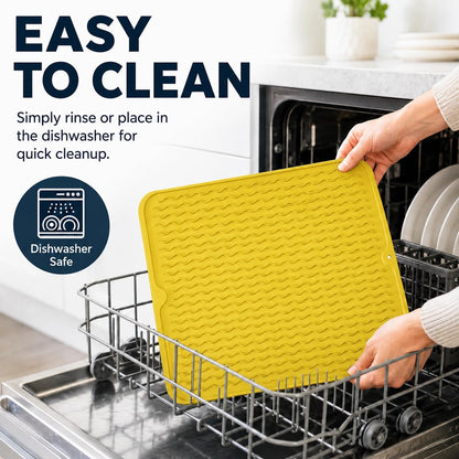 Silicone Drying Mat, 16"x12" - Grooved Design, Heat-Resistant, Non-Slip, BPA-Free - For Dishes, Cutlery, Pots, Pans (Yellow)