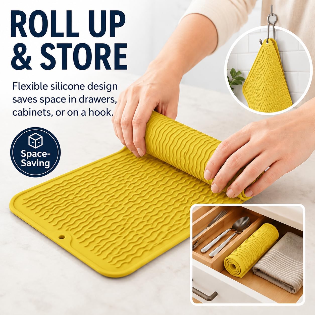 Silicone Drying Mat, 16"x12" - Grooved Design, Heat-Resistant, Non-Slip, BPA-Free - For Dishes, Cutlery, Pots, Pans (Yellow)