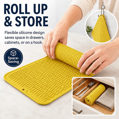 Silicone Drying Mat, 16"x12" - Grooved Design, Heat-Resistant, Non-Slip, BPA-Free - For Dishes, Cutlery, Pots, Pans (Yellow)