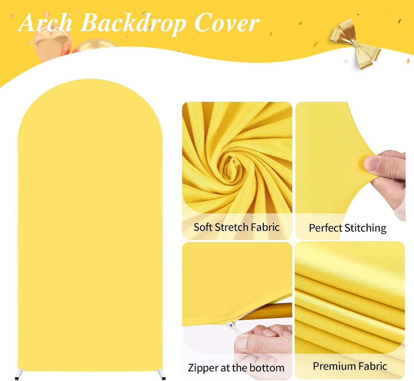 7.2FT Yellow Wedding Arch Cover Spandex Fitted Arch Covers Stretchy Backdrop Round Top Chiara Backdrop for Birthday Party Ceremony Banquet Decoration