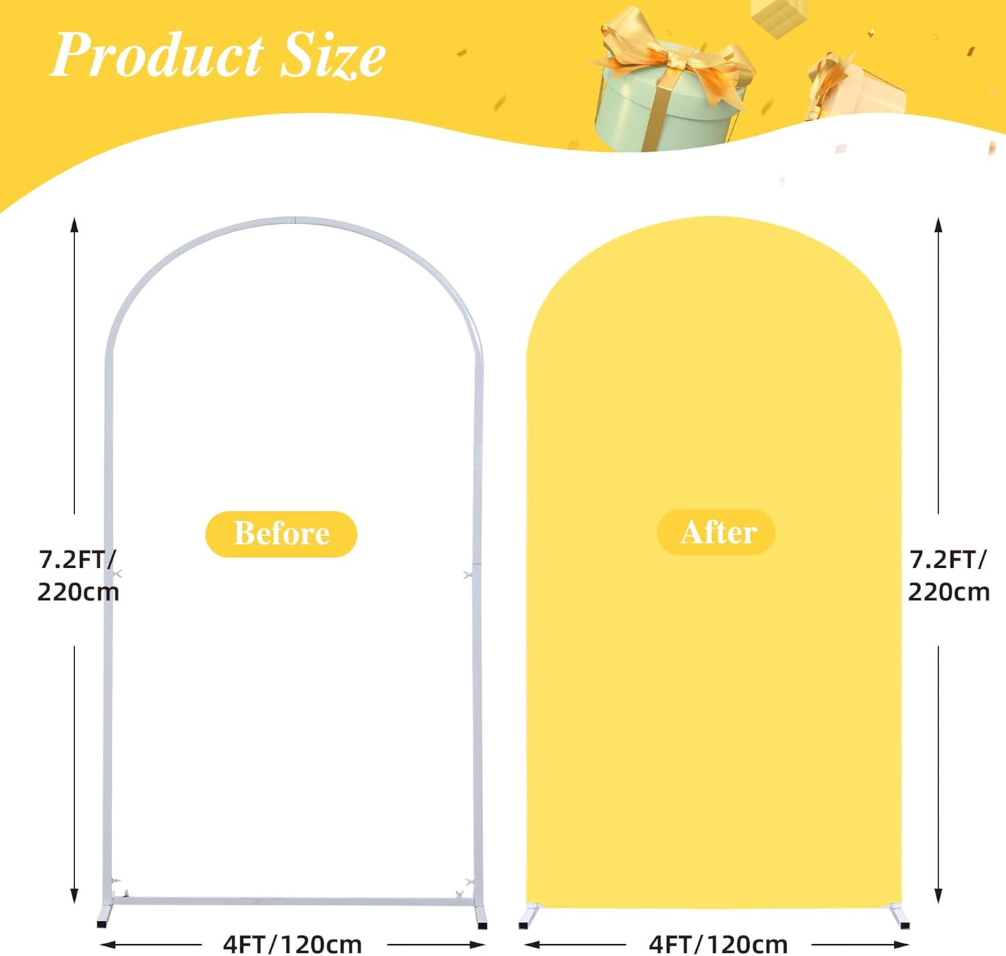 7.2FT Yellow Wedding Arch Cover Spandex Fitted Arch Covers Stretchy Backdrop Round Top Chiara Backdrop for Birthday Party Ceremony Banquet Decoration