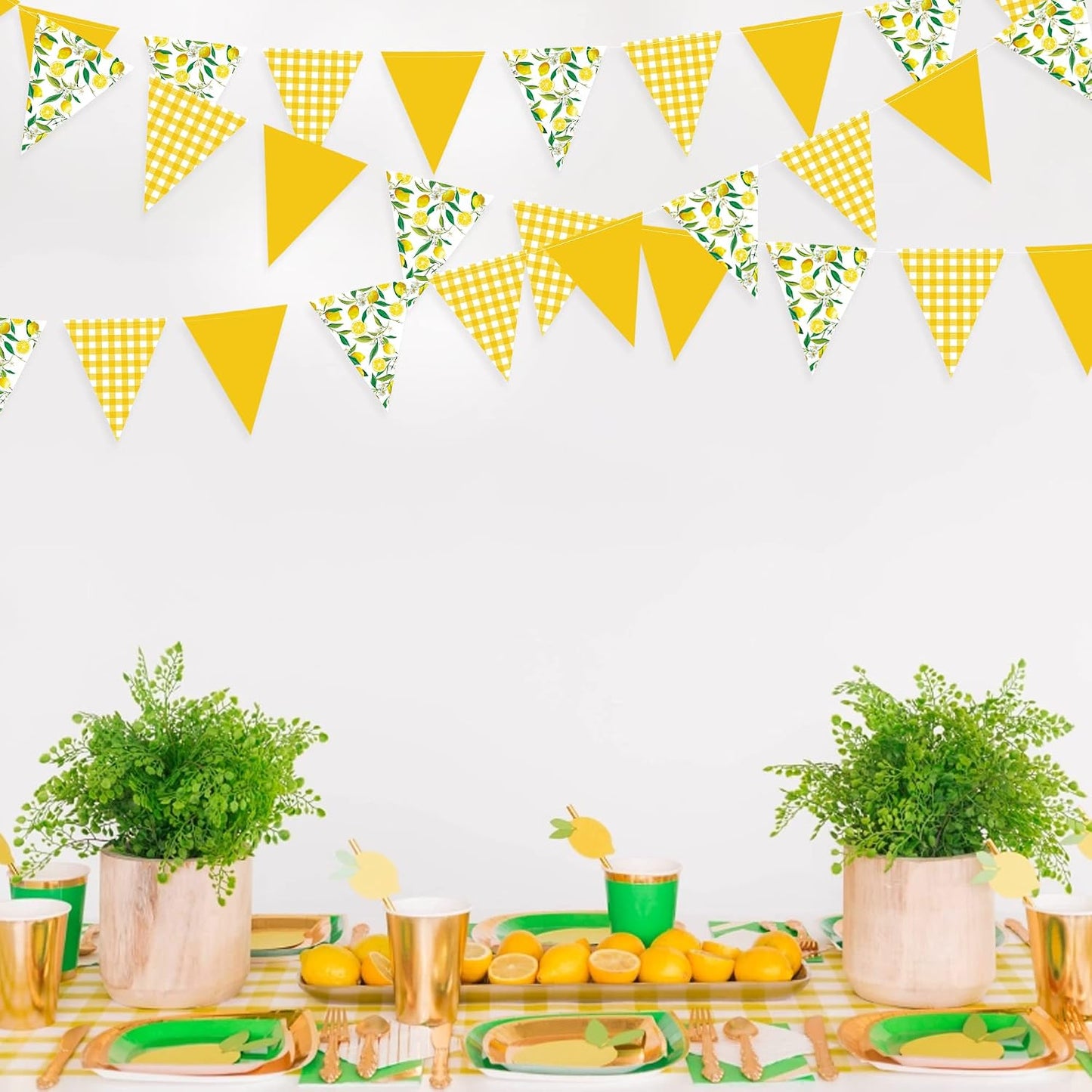 44 Ft Lemon Party Decorations Yellow Plaid Floral Lemon Banner Bunting Hanging Paper Triangle Garland Streamer for Wedding Bridal Shower Engagement Bachelorette Birthday Party Supplies