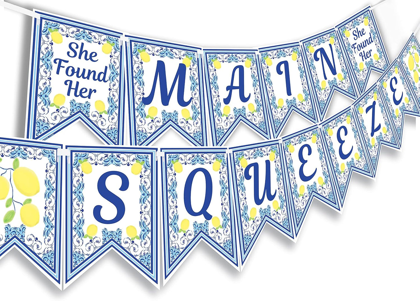 Capri Lemon Engagement Banner - She Found Her Main Squeeze - Lemon Engagement Party Decorations - Blue Tile Party Decorations