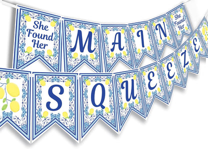 Capri Lemon Engagement Banner - She Found Her Main Squeeze - Lemon Engagement Party Decorations - Blue Tile Party Decorations