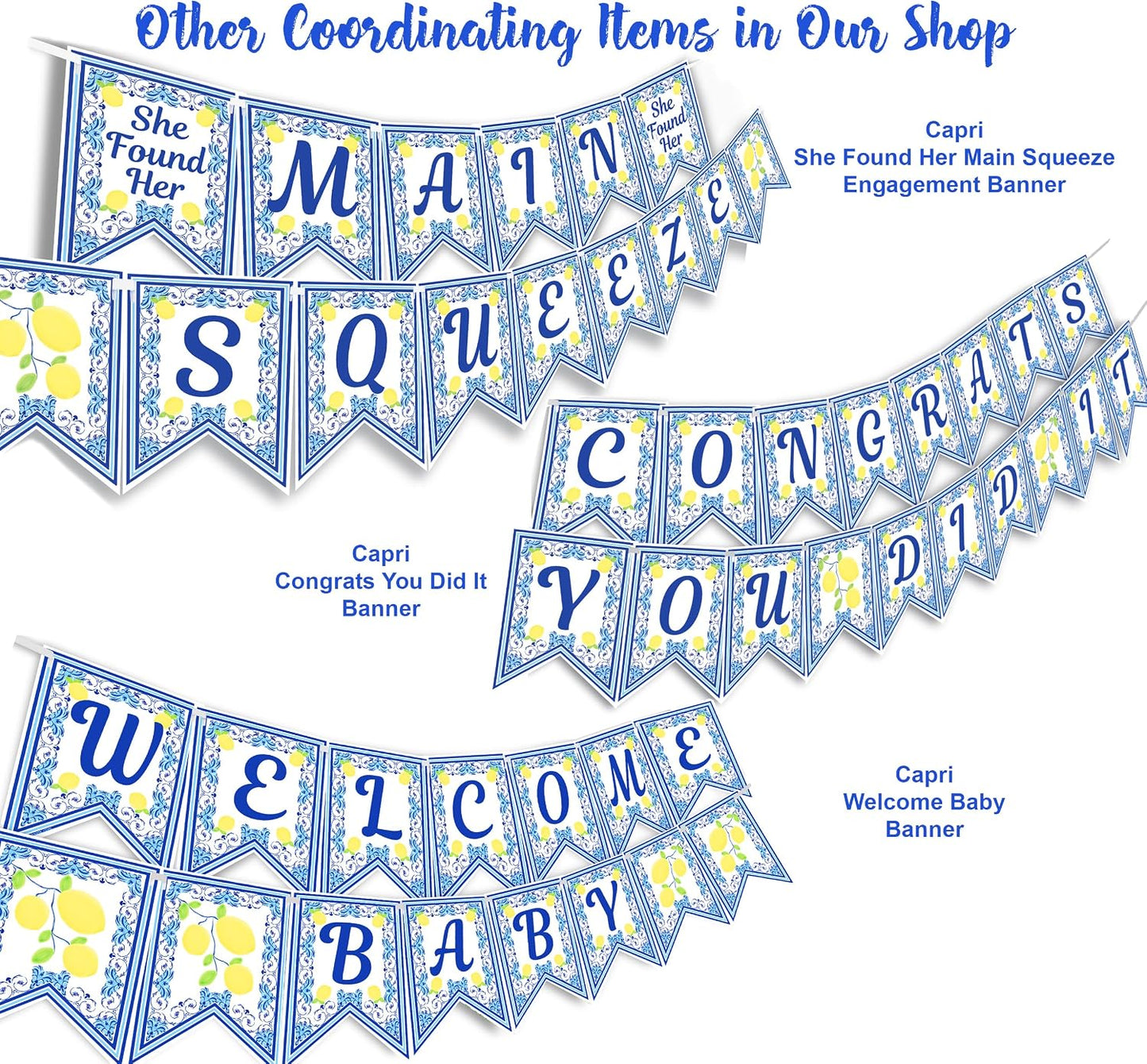 Capri Lemon Engagement Banner - She Found Her Main Squeeze - Lemon Engagement Party Decorations - Blue Tile Party Decorations