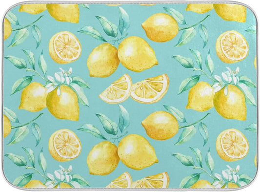 Absorbent Dish Drying Mat for Kitchen Counter - Yellow lemon teal background Microfiber Drying Pad, Reversible Drainer Mats for Countertop, Large 18 x 24 inch