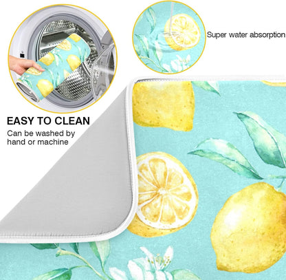 Absorbent Dish Drying Mat for Kitchen Counter - Yellow lemon teal background Microfiber Drying Pad, Reversible Drainer Mats for Countertop, Large 18 x 24 inch