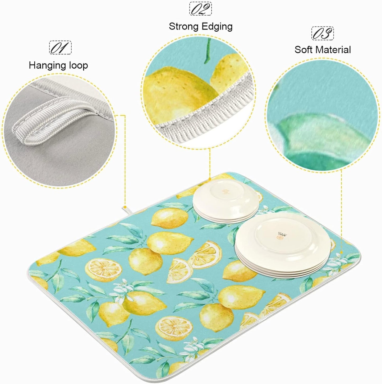 Absorbent Dish Drying Mat for Kitchen Counter - Yellow lemon teal background Microfiber Drying Pad, Reversible Drainer Mats for Countertop, Large 18 x 24 inch