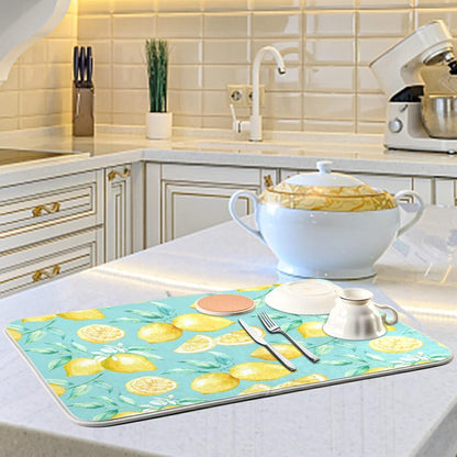 Absorbent Dish Drying Mat for Kitchen Counter - Yellow lemon teal background Microfiber Drying Pad, Reversible Drainer Mats for Countertop, Large 18 x 24 inch