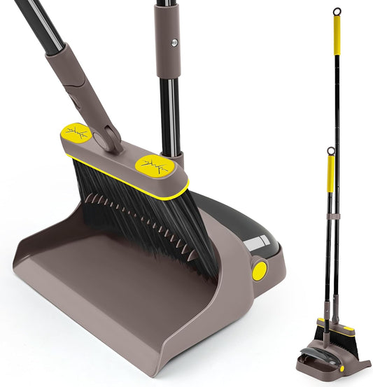 Broom with Dustpan Combo Set Lightweight 54'' Long Handle Swivel Broom Indoor Patented Openable Dust Pan Tail for Kitchen Home Office (Brown Yellow)