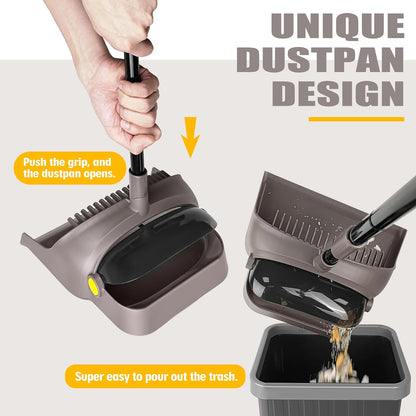 Broom with Dustpan Combo Set Lightweight 54'' Long Handle Swivel Broom Indoor Patented Openable Dust Pan Tail for Kitchen Home Office (Brown Yellow)