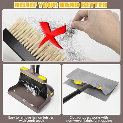Broom with Dustpan Combo Set Lightweight 54'' Long Handle Swivel Broom Indoor Patented Openable Dust Pan Tail for Kitchen Home Office (Brown Yellow)