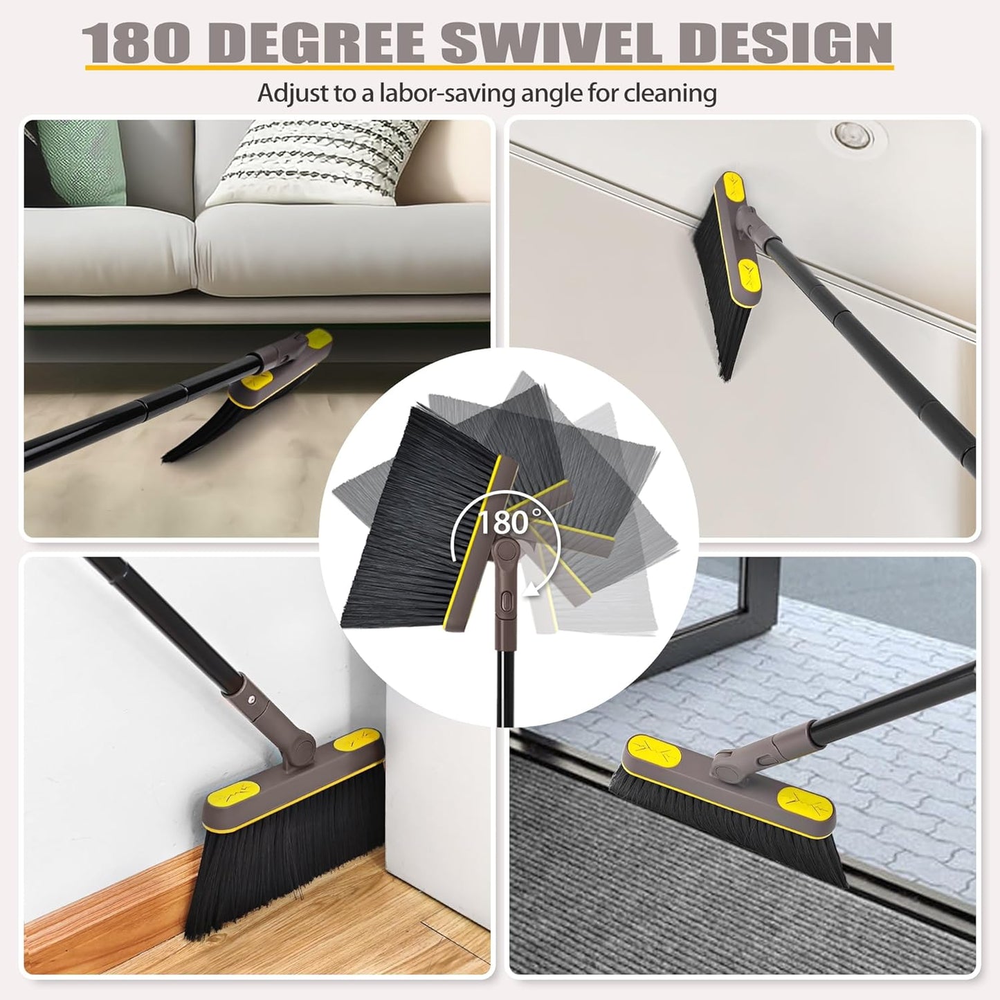 Broom with Dustpan Combo Set Lightweight 54'' Long Handle Swivel Broom Indoor Patented Openable Dust Pan Tail for Kitchen Home Office (Brown Yellow)