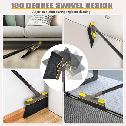 Broom with Dustpan Combo Set Lightweight 54'' Long Handle Swivel Broom Indoor Patented Openable Dust Pan Tail for Kitchen Home Office (Brown Yellow)