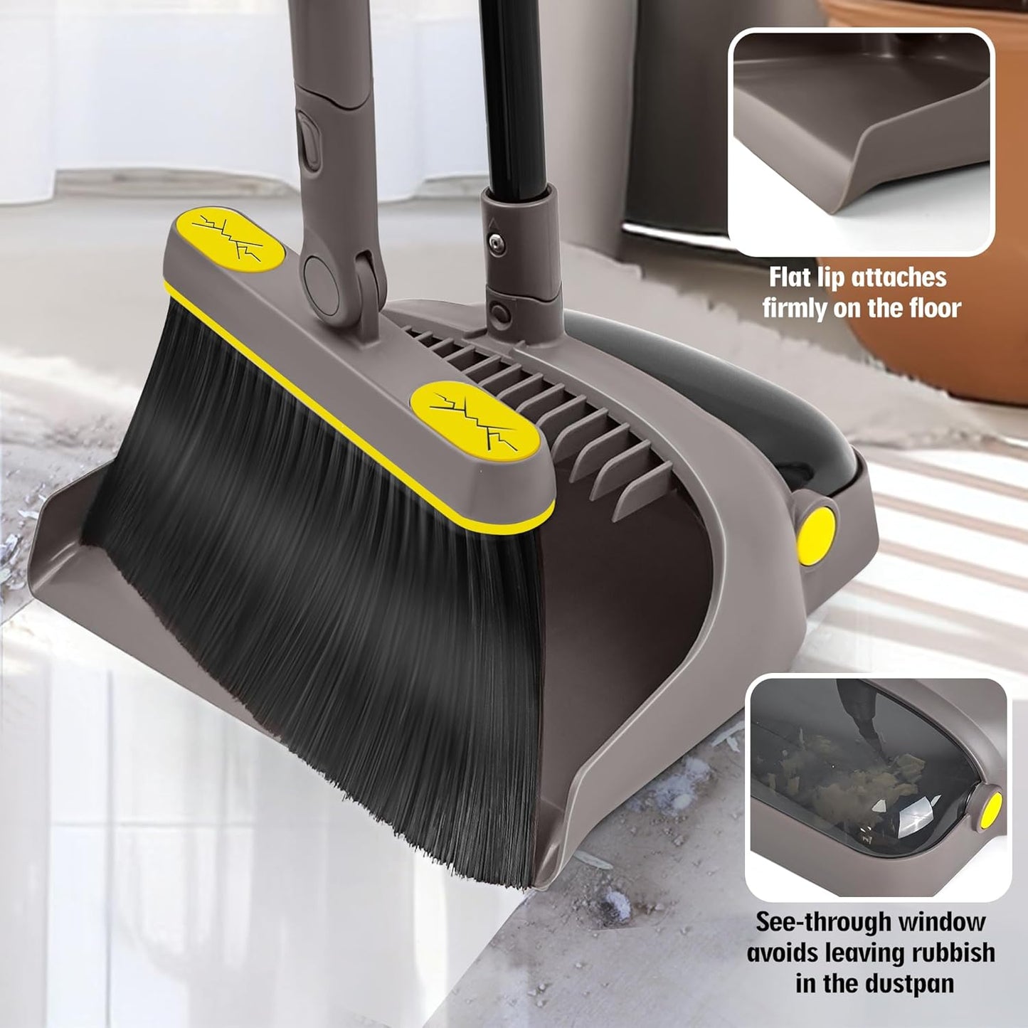 Broom with Dustpan Combo Set Lightweight 54'' Long Handle Swivel Broom Indoor Patented Openable Dust Pan Tail for Kitchen Home Office (Brown Yellow)