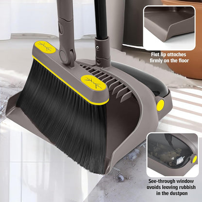 Broom with Dustpan Combo Set Lightweight 54'' Long Handle Swivel Broom Indoor Patented Openable Dust Pan Tail for Kitchen Home Office (Brown Yellow)
