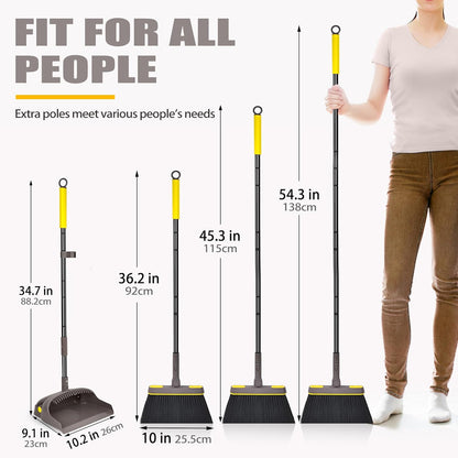 Broom with Dustpan Combo Set Lightweight 54'' Long Handle Swivel Broom Indoor Patented Openable Dust Pan Tail for Kitchen Home Office (Brown Yellow)