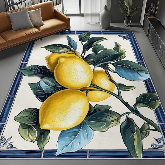 Area Rugs 3 x 5 ft Washable Non Slip, Low Pile Lightweight Soft Print Rug Ceramic Style, Lemon for Entryway Kitchen Foyer Playroom Yellow, Blue Easy Clean