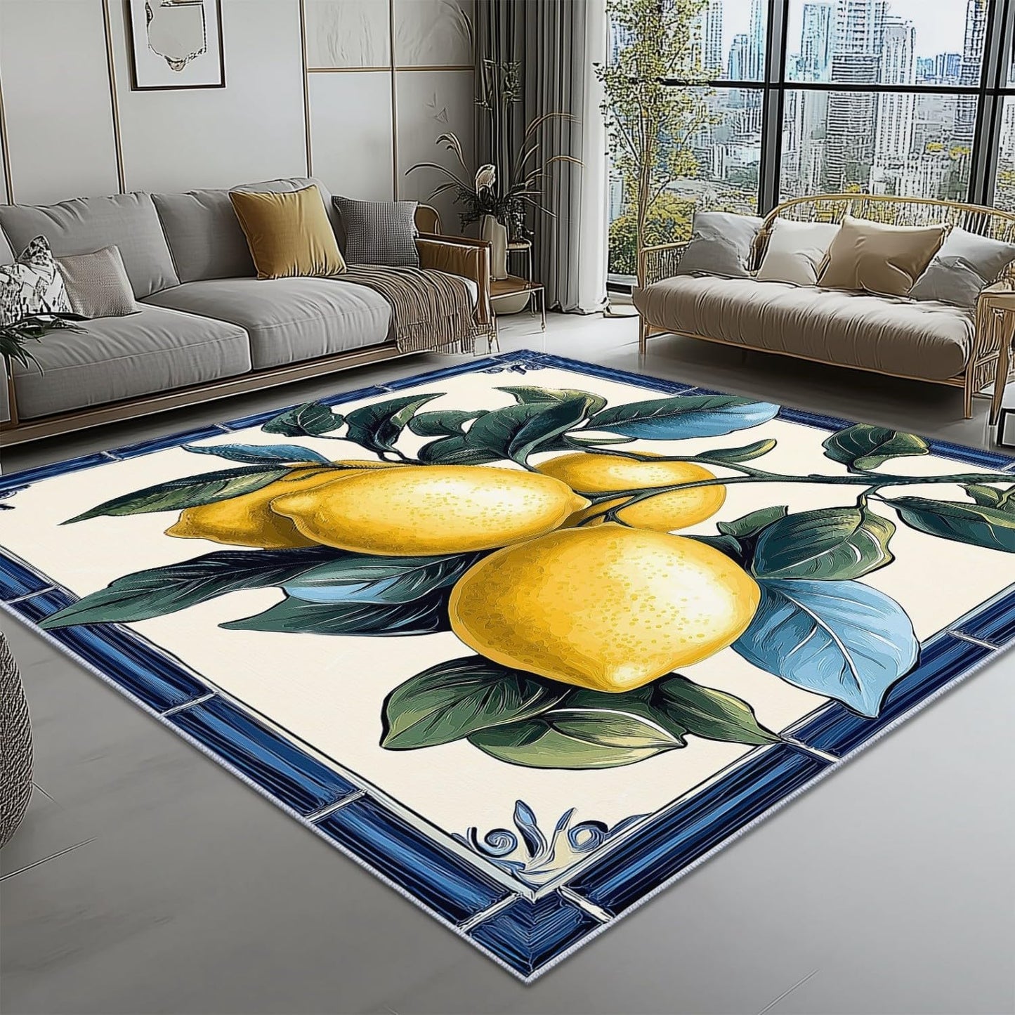 Area Rugs 3 x 5 ft Washable Non Slip, Low Pile Lightweight Soft Print Rug Ceramic Style, Lemon for Entryway Kitchen Foyer Playroom Yellow, Blue Easy Clean