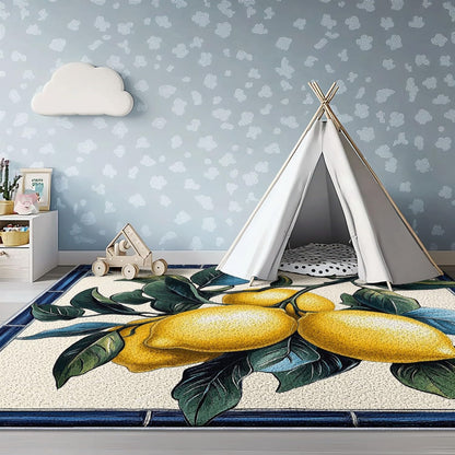 Area Rugs 3 x 5 ft Washable Non Slip, Low Pile Lightweight Soft Print Rug Ceramic Style, Lemon for Entryway Kitchen Foyer Playroom Yellow, Blue Easy Clean
