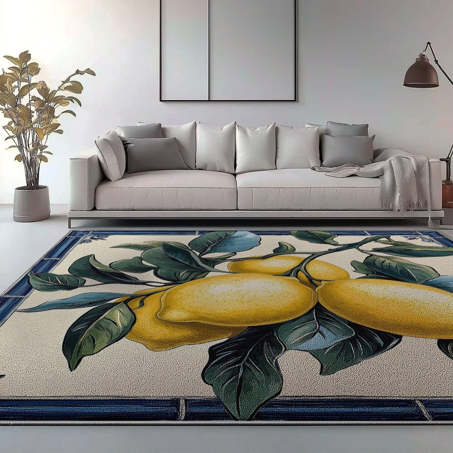 Area Rugs 3 x 5 ft Washable Non Slip, Low Pile Lightweight Soft Print Rug Ceramic Style, Lemon for Entryway Kitchen Foyer Playroom Yellow, Blue Easy Clean