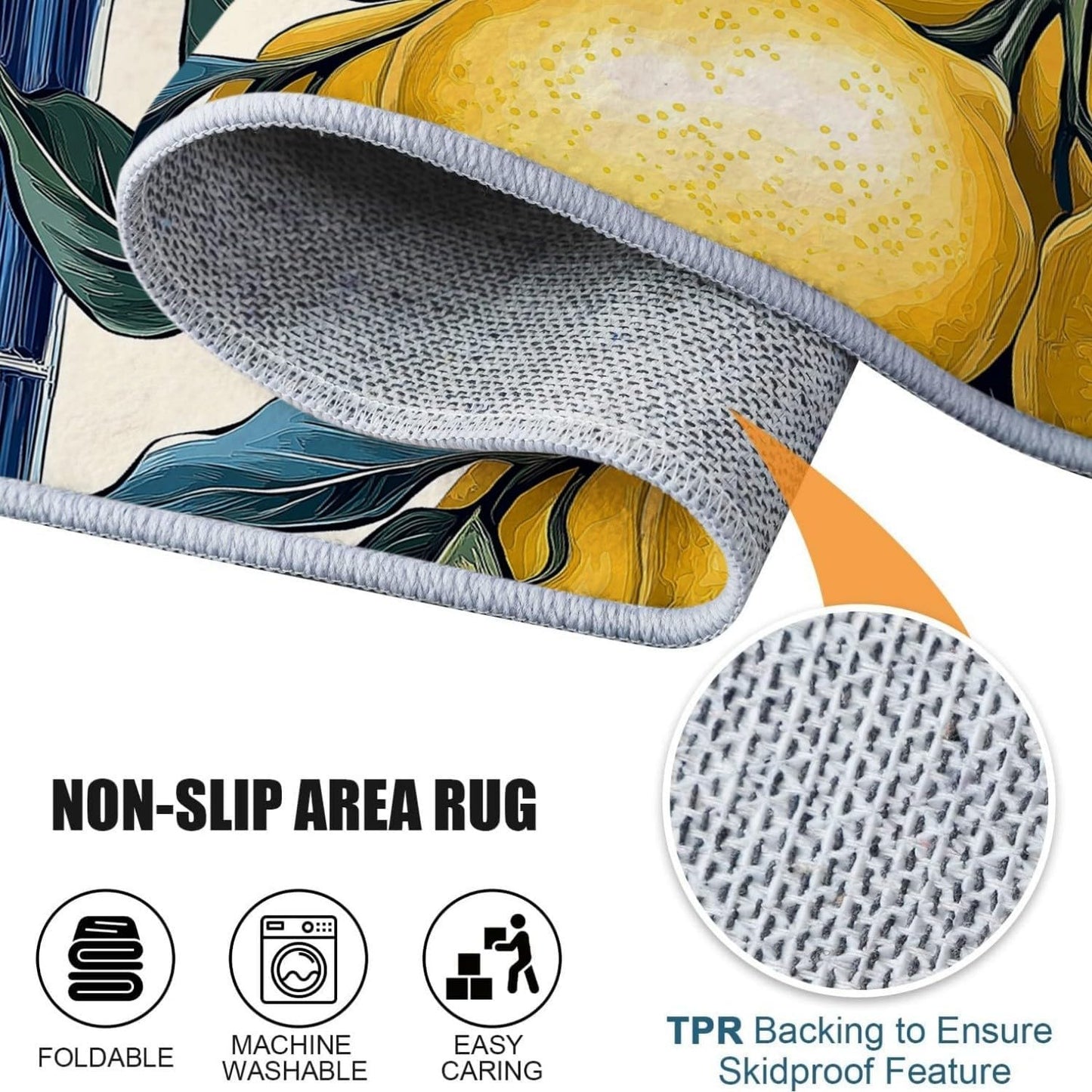 Area Rugs 3 x 5 ft Washable Non Slip, Low Pile Lightweight Soft Print Rug Ceramic Style, Lemon for Entryway Kitchen Foyer Playroom Yellow, Blue Easy Clean