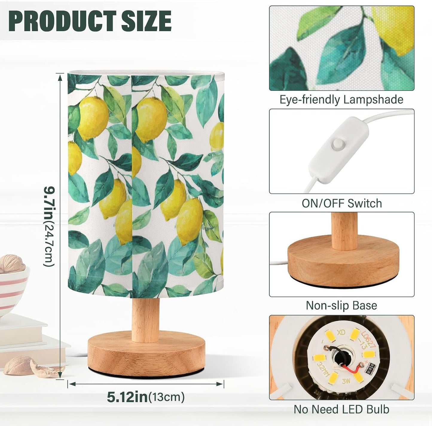 Bedside Table Lamp Lemon Yellow Citrus Fruits (40) Kids Nightstand Lamp Night Light Fabric Shade for Bedroom Living Room Home Office