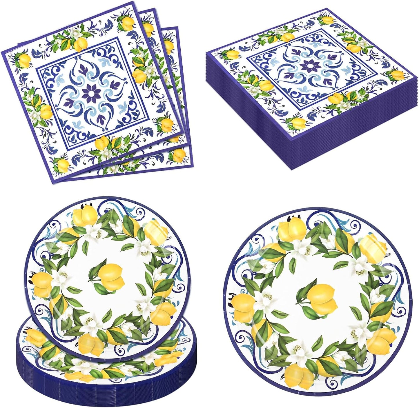 50 Pcs Lemon Plates and Napkins Party Supplies Blue Tiles Mediterranean Party Decor Disposable Tableware Sets for Summer Birthday Baby Shower Party Decorations Supplies for 25 Guests