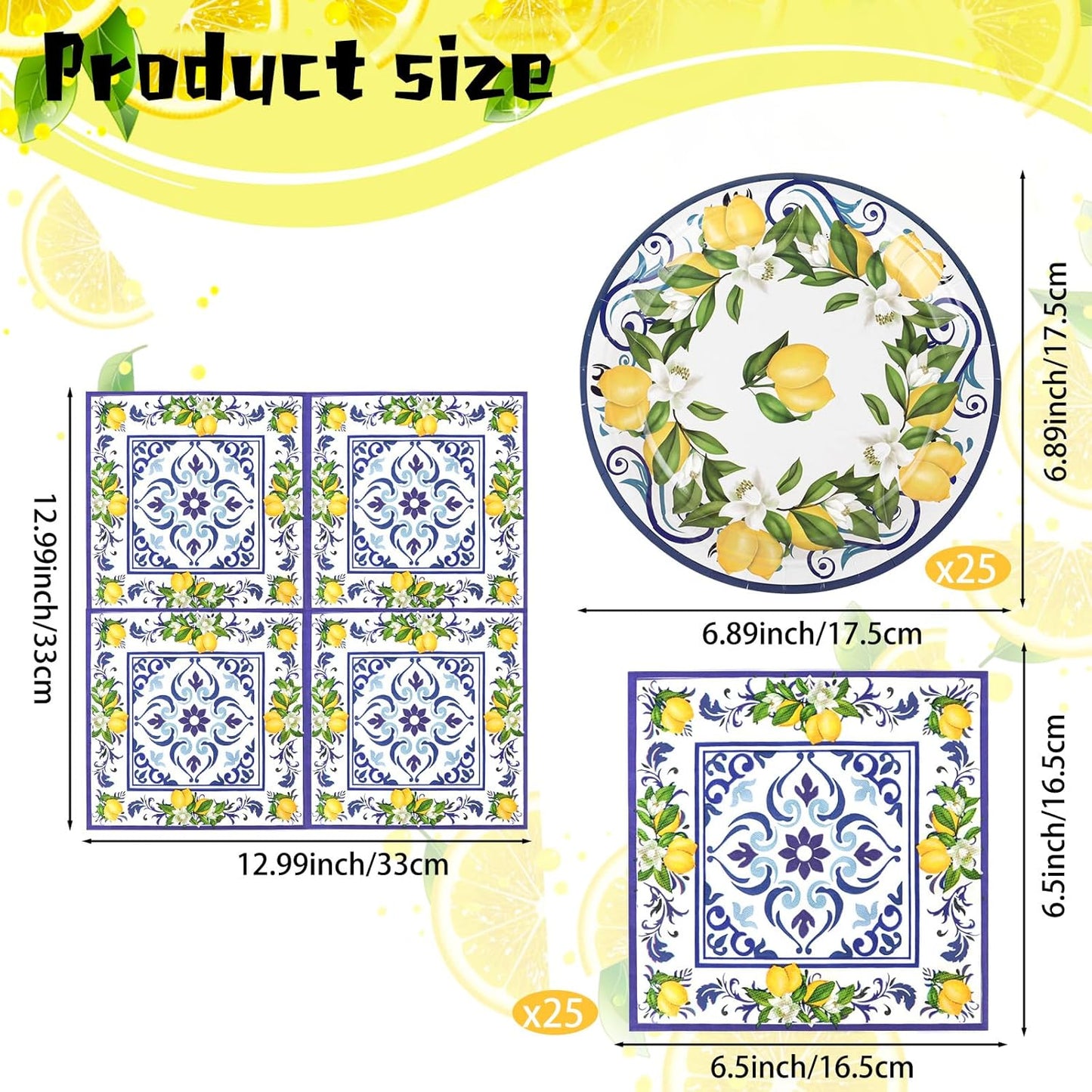 50 Pcs Lemon Plates and Napkins Party Supplies Blue Tiles Mediterranean Party Decor Disposable Tableware Sets for Summer Birthday Baby Shower Party Decorations Supplies for 25 Guests