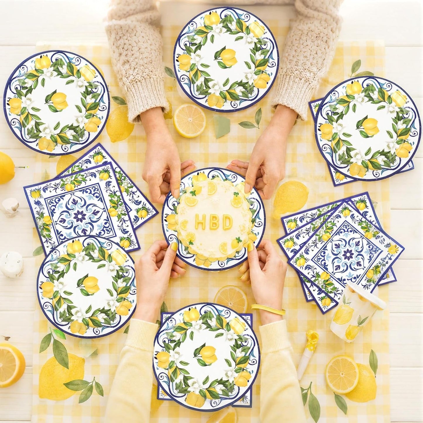 50 Pcs Lemon Plates and Napkins Party Supplies Blue Tiles Mediterranean Party Decor Disposable Tableware Sets for Summer Birthday Baby Shower Party Decorations Supplies for 25 Guests