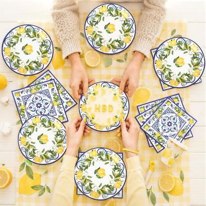 50 Pcs Lemon Plates and Napkins Party Supplies Blue Tiles Mediterranean Party Decor Disposable Tableware Sets for Summer Birthday Baby Shower Party Decorations Supplies for 25 Guests