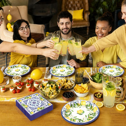 50 Pcs Lemon Plates and Napkins Party Supplies Blue Tiles Mediterranean Party Decor Disposable Tableware Sets for Summer Birthday Baby Shower Party Decorations Supplies for 25 Guests
