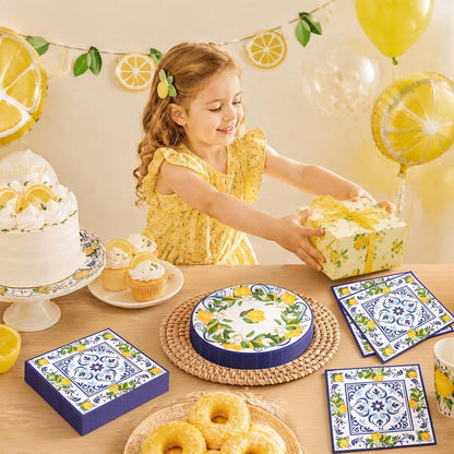 50 Pcs Lemon Plates and Napkins Party Supplies Blue Tiles Mediterranean Party Decor Disposable Tableware Sets for Summer Birthday Baby Shower Party Decorations Supplies for 25 Guests