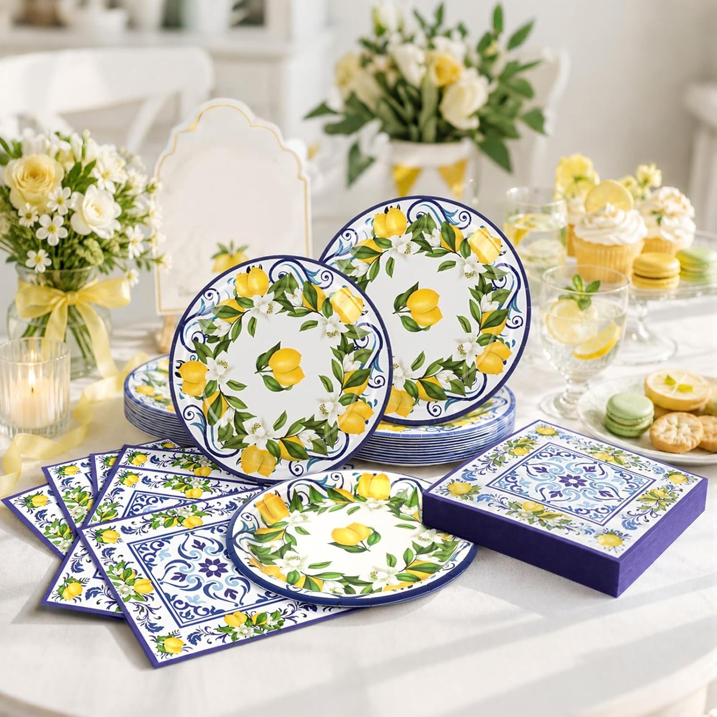 50 Pcs Lemon Plates and Napkins Party Supplies Blue Tiles Mediterranean Party Decor Disposable Tableware Sets for Summer Birthday Baby Shower Party Decorations Supplies for 25 Guests