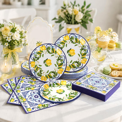 50 Pcs Lemon Plates and Napkins Party Supplies Blue Tiles Mediterranean Party Decor Disposable Tableware Sets for Summer Birthday Baby Shower Party Decorations Supplies for 25 Guests