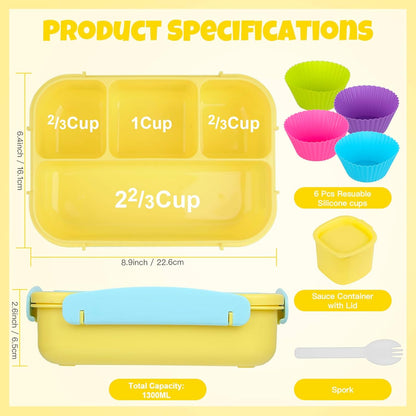 Bento Lunch Box for Adults/Kids/Students - 1300ML 4-Compartment Container (Yellow)