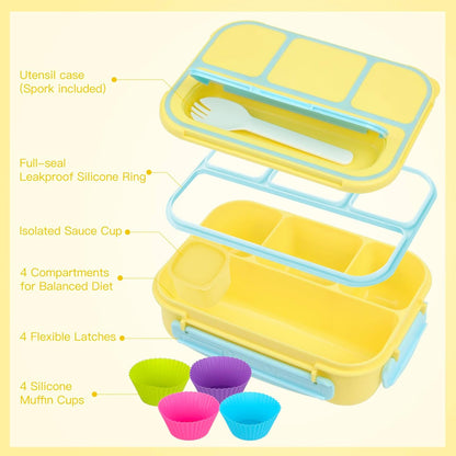 Bento Lunch Box for Adults/Kids/Students - 1300ML 4-Compartment Container (Yellow)