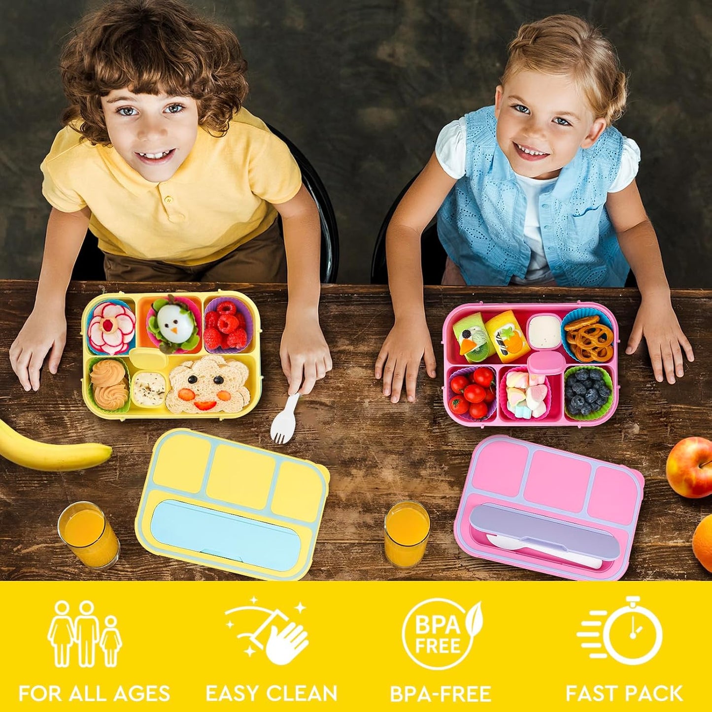 Bento Lunch Box for Adults/Kids/Students - 1300ML 4-Compartment Container (Yellow)