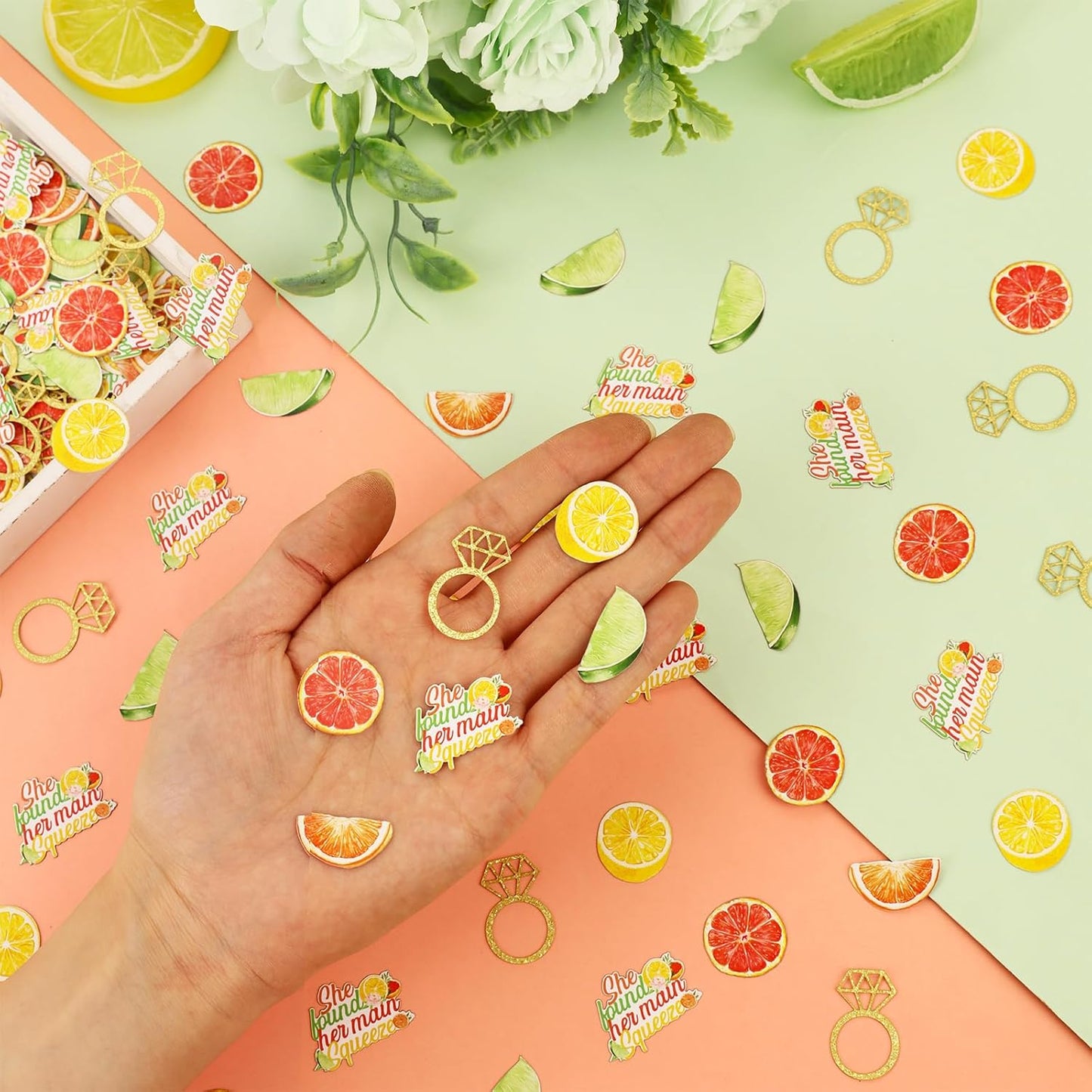 200 Pcs Citrus Themed Bridal Shower Confetti Decor She Found Her Main Squeeze Bridal Shower Decor Tangerine Eucalyptus Scatter Confetti for Lemon Tropical Citrus Bachelorette Wedding Party