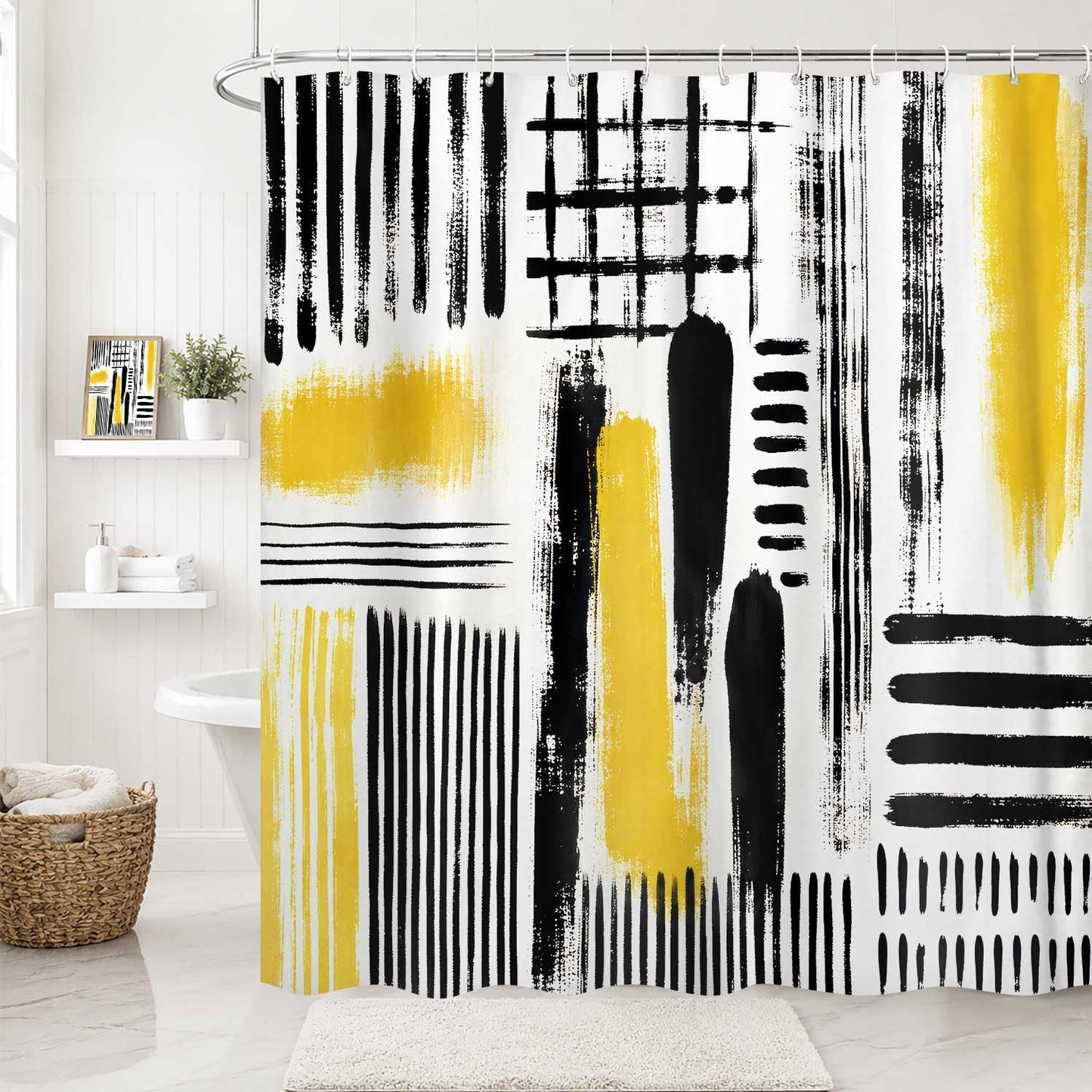 Yellow Abstract Geometric Shower Curtain, Black and Yellow Boho Modern Aesthetic Art Shower Curtains for Bathroom, Oil Painting Neutral Abstract Art Bathroom Decor, with Hooks 72x72 Inch