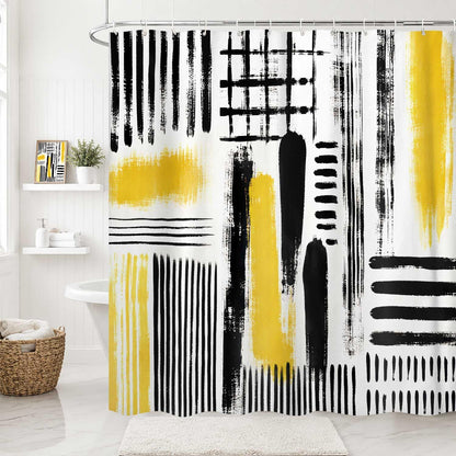 Yellow Abstract Geometric Shower Curtain, Black and Yellow Boho Modern Aesthetic Art Shower Curtains for Bathroom, Oil Painting Neutral Abstract Art Bathroom Decor, with Hooks 72x72 Inch