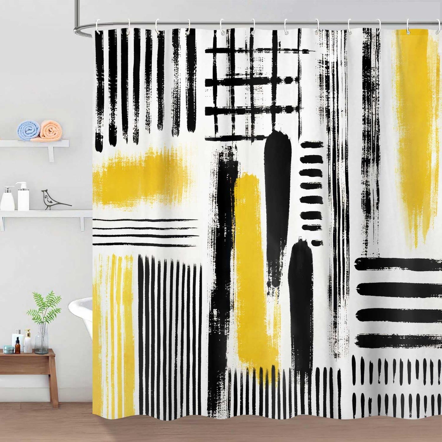 Yellow Abstract Geometric Shower Curtain, Black and Yellow Boho Modern Aesthetic Art Shower Curtains for Bathroom, Oil Painting Neutral Abstract Art Bathroom Decor, with Hooks 72x72 Inch