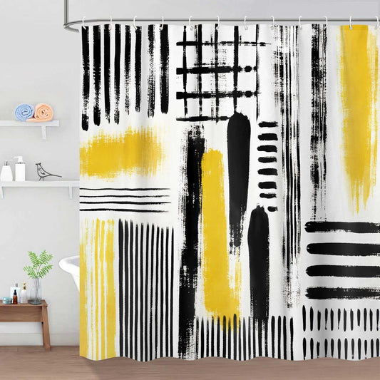 Yellow Abstract Geometric Shower Curtain, Black and Yellow Boho Modern Aesthetic Art Shower Curtains for Bathroom, Oil Painting Neutral Abstract Art Bathroom Decor, with Hooks 72x72 Inch