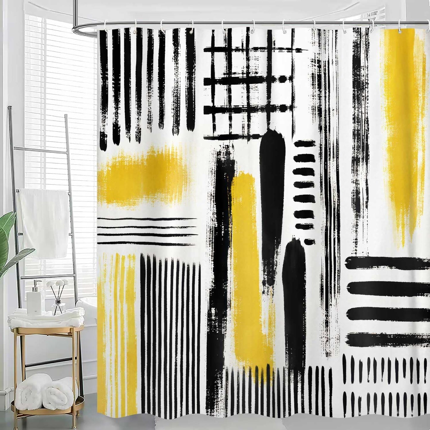 Yellow Abstract Geometric Shower Curtain, Black and Yellow Boho Modern Aesthetic Art Shower Curtains for Bathroom, Oil Painting Neutral Abstract Art Bathroom Decor, with Hooks 72x72 Inch