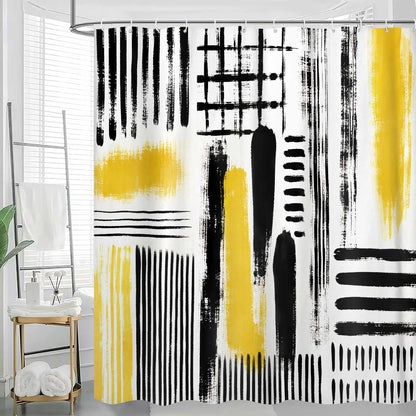 Yellow Abstract Geometric Shower Curtain, Black and Yellow Boho Modern Aesthetic Art Shower Curtains for Bathroom, Oil Painting Neutral Abstract Art Bathroom Decor, with Hooks 72x72 Inch