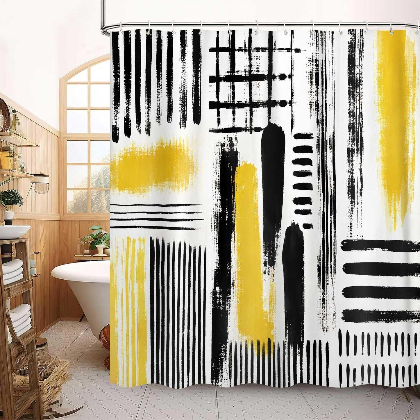 Yellow Abstract Geometric Shower Curtain, Black and Yellow Boho Modern Aesthetic Art Shower Curtains for Bathroom, Oil Painting Neutral Abstract Art Bathroom Decor, with Hooks 72x72 Inch