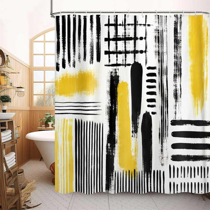 Yellow Abstract Geometric Shower Curtain, Black and Yellow Boho Modern Aesthetic Art Shower Curtains for Bathroom, Oil Painting Neutral Abstract Art Bathroom Decor, with Hooks 72x72 Inch