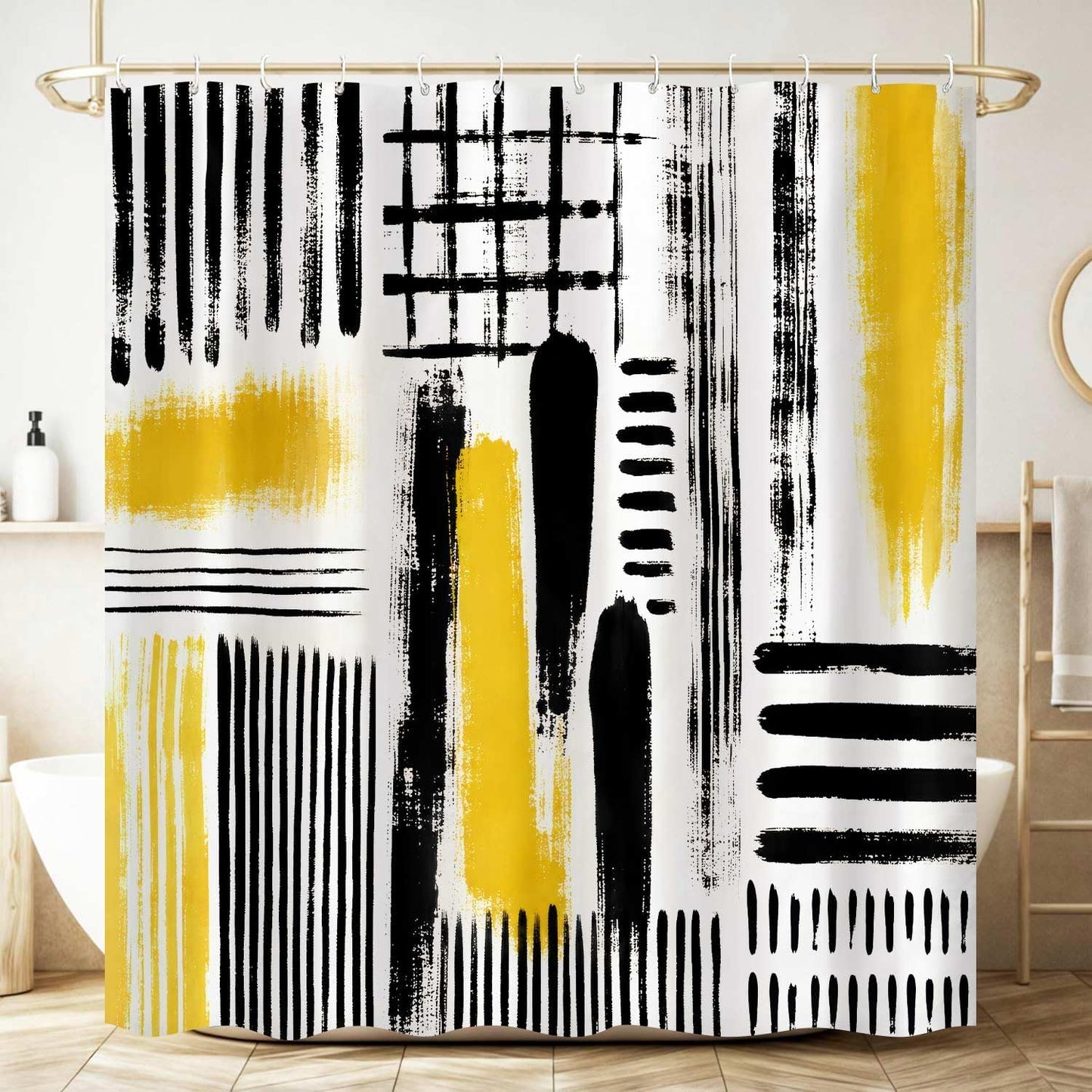 Yellow Abstract Geometric Shower Curtain, Black and Yellow Boho Modern Aesthetic Art Shower Curtains for Bathroom, Oil Painting Neutral Abstract Art Bathroom Decor, with Hooks 72x72 Inch